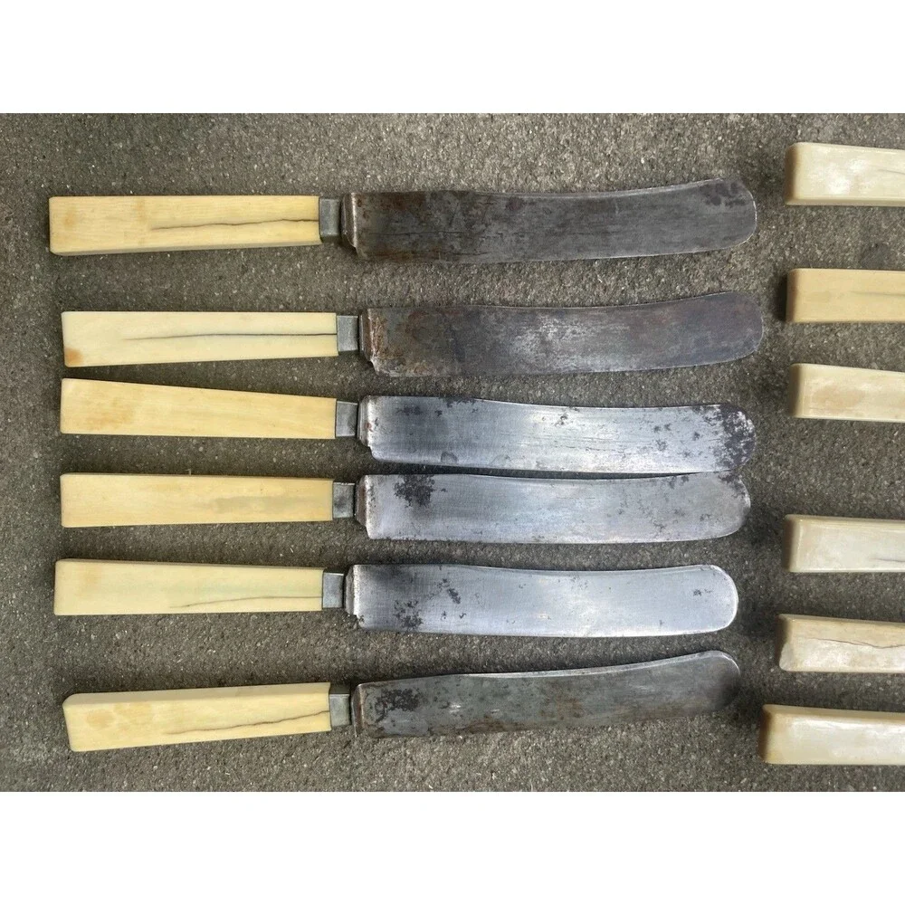 12 Antique Eugen Hahn Ludwigsburg German Dinner Knives Carbon Steel Bone Handle